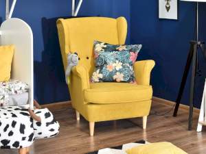 Fotel malmo żółty tkanina, podstawa buk