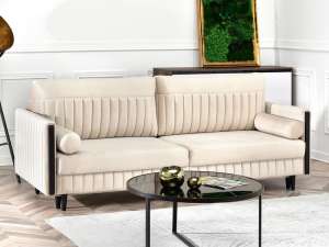 beżowa kanapa MALONE funkcja spania przeszycia nowoczesny design jasne wnętrze glamour