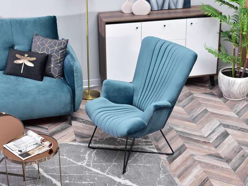 morski fotel do salonu NELL na czarnej metalowej podstawie elegancki glamour nowoczesny do pokoju dziennego kolorowy