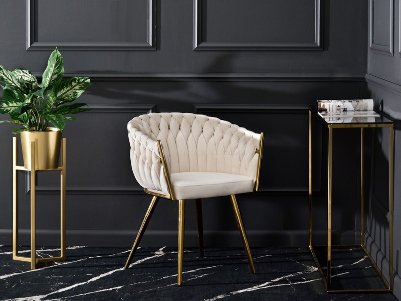 krzesło glamour z przeplatanym oparciem z kemowego weluru na złotych nogach