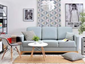 sofa bergen turkusowy tkanina, podstawa dąb naturalny