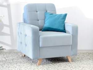 Fotel aura niebieski welur, podstawa dąb naturalny