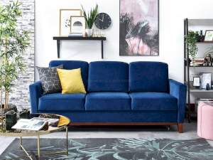 Sofa bergen granatowy welur, podstawa orzech