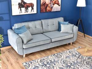 Sofa blink niebieski welur, podstawa dąb naturalny
