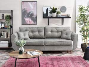 Sofa blink szara tkanina, podstawa orzech