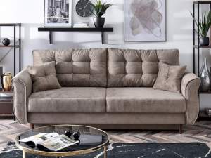 Sofa lanti beżowy welur, podstawa orzech