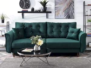 Sofa lanti zielony welur, podstawa orzech