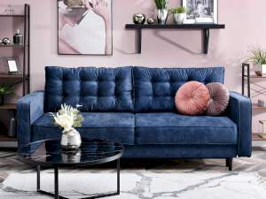 Sofa lavia granatowy welur, podstawa orzech