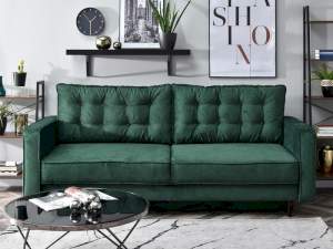 Sofa lavia zielony tkanina, podstawa orzech