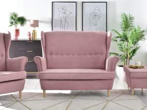 Sofa malmo pudrowy tkanina, podstawa buk