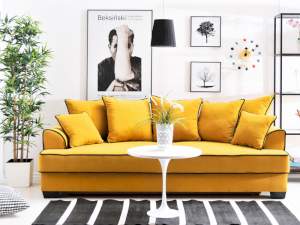Sofa miss bibi żółta tkanina, podstawa czarna