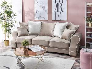 Sofa tosca beżowy welur, podstawa orzech