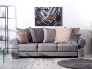 Sofa tosca szary-beżowy welur, podstawa buk