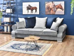 Sofa tosca szary-granatowy welur, podstawa satynowy
