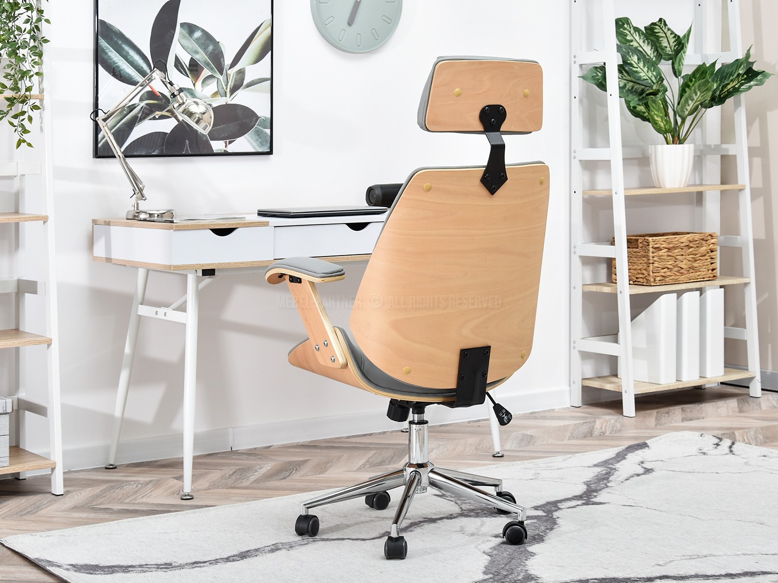 Ekskluzywny fotel biurowy drewniany dla prezesa FRANK bukowo szary - elegancki zagłowek