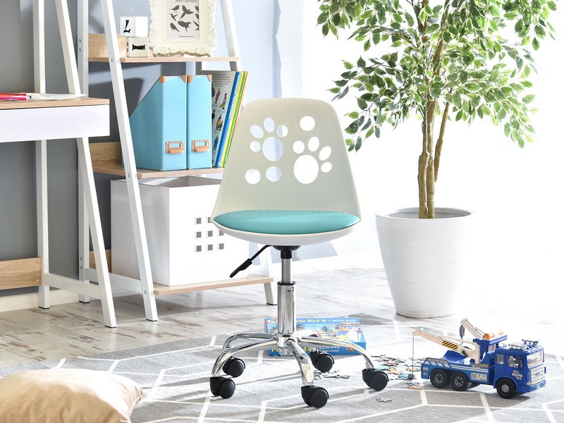 Designerskie krzesło obrotowe dla dzieci FOOT biało - niebieskie - wygląd tyłu.
