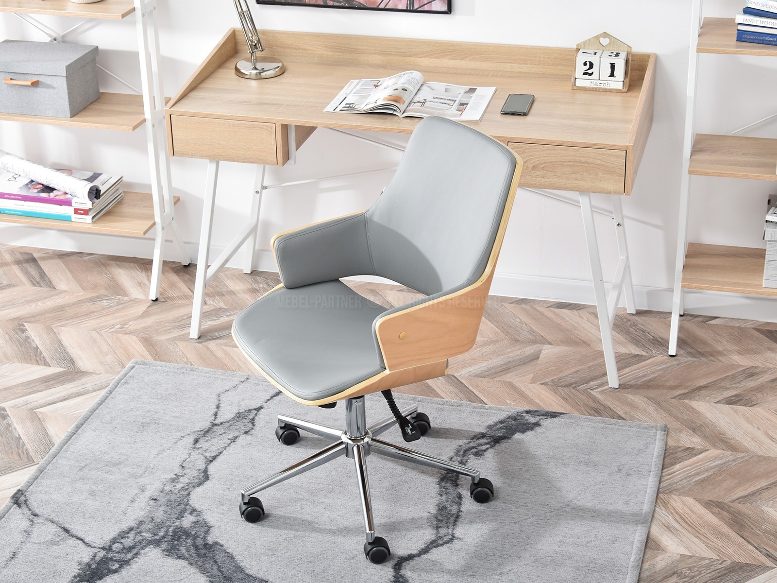 Szykowny fotel biurowy, drewniany, OSKAR  buk - szary - komfortowe siedzisko