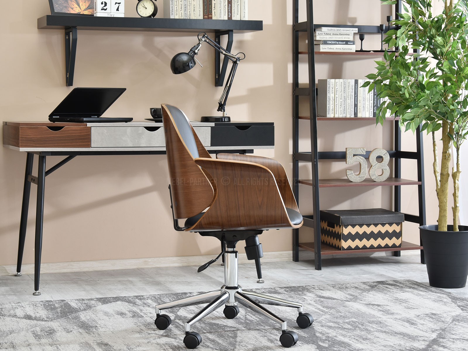 Fotel biurowy ENRIC ORZECH-CZARNY drewniny obrotowy - tył