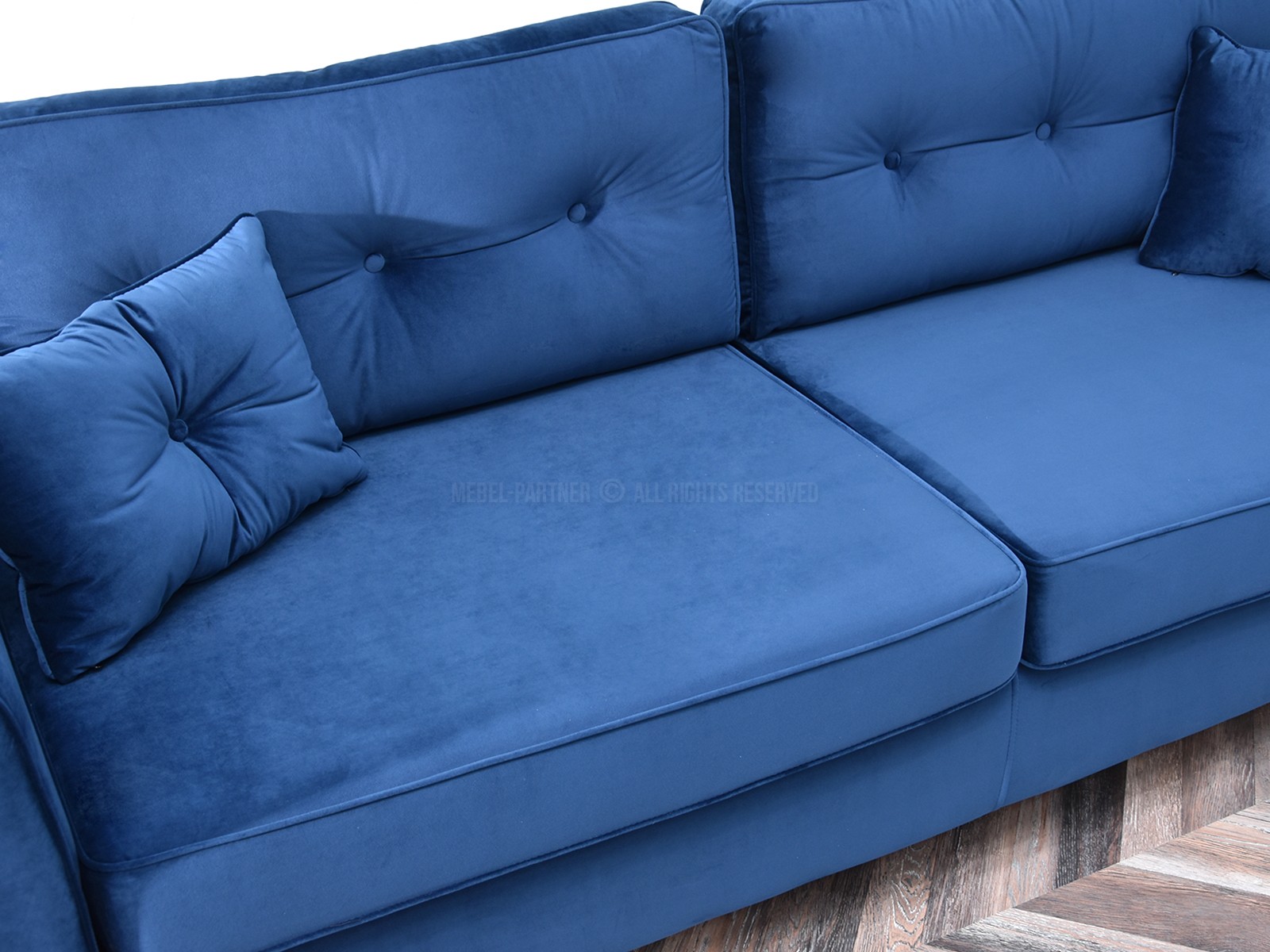 Sofa welurowa BLINK GRANATOWA rozkładana z poduchami - funkcja spania