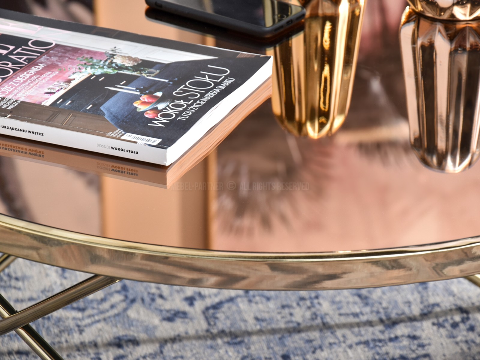 Okrągła ława AMIN XL glamour złoto + brązowe szkło - blat z efektem lustra