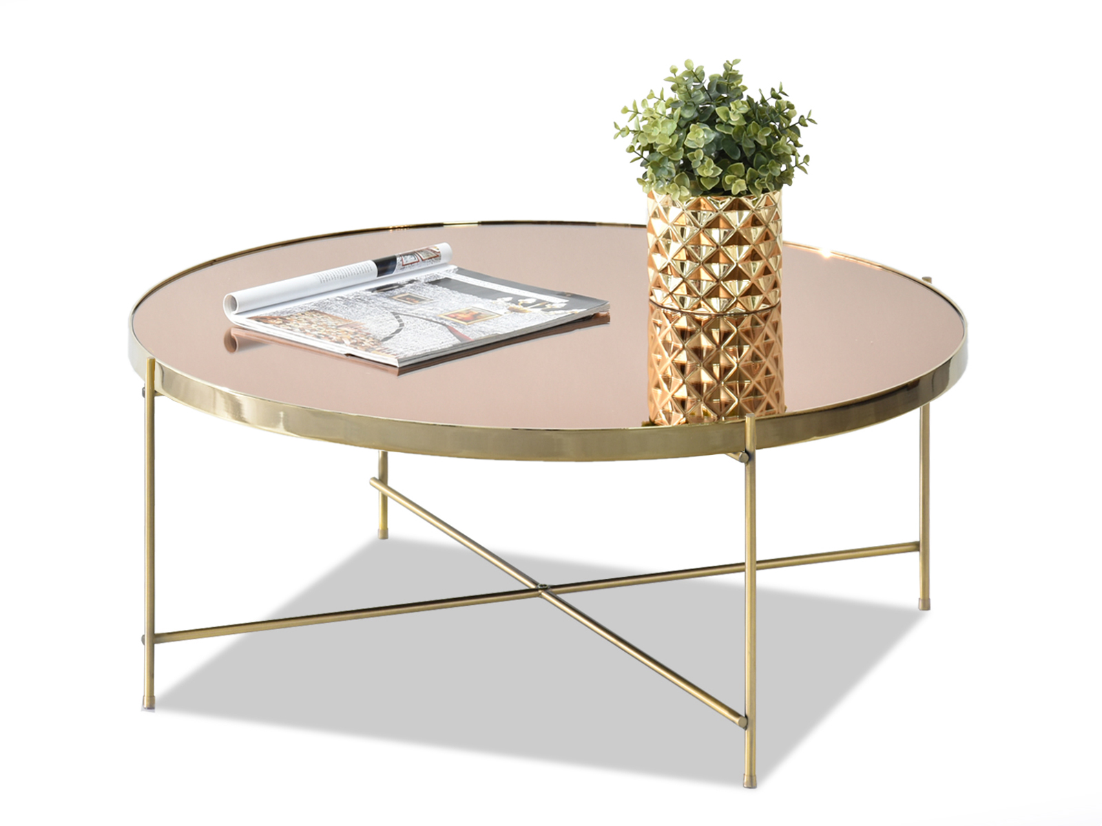 Okrągły stolik IBIA XL ZŁOTY glamour z brązowym szkłem