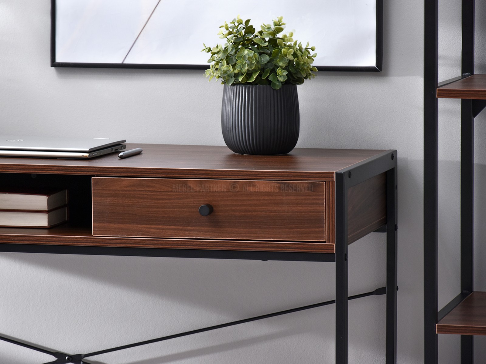 Duże industrialne biurko NILS ORZECH na czarnych płozach - stylowo ukryte szuflady