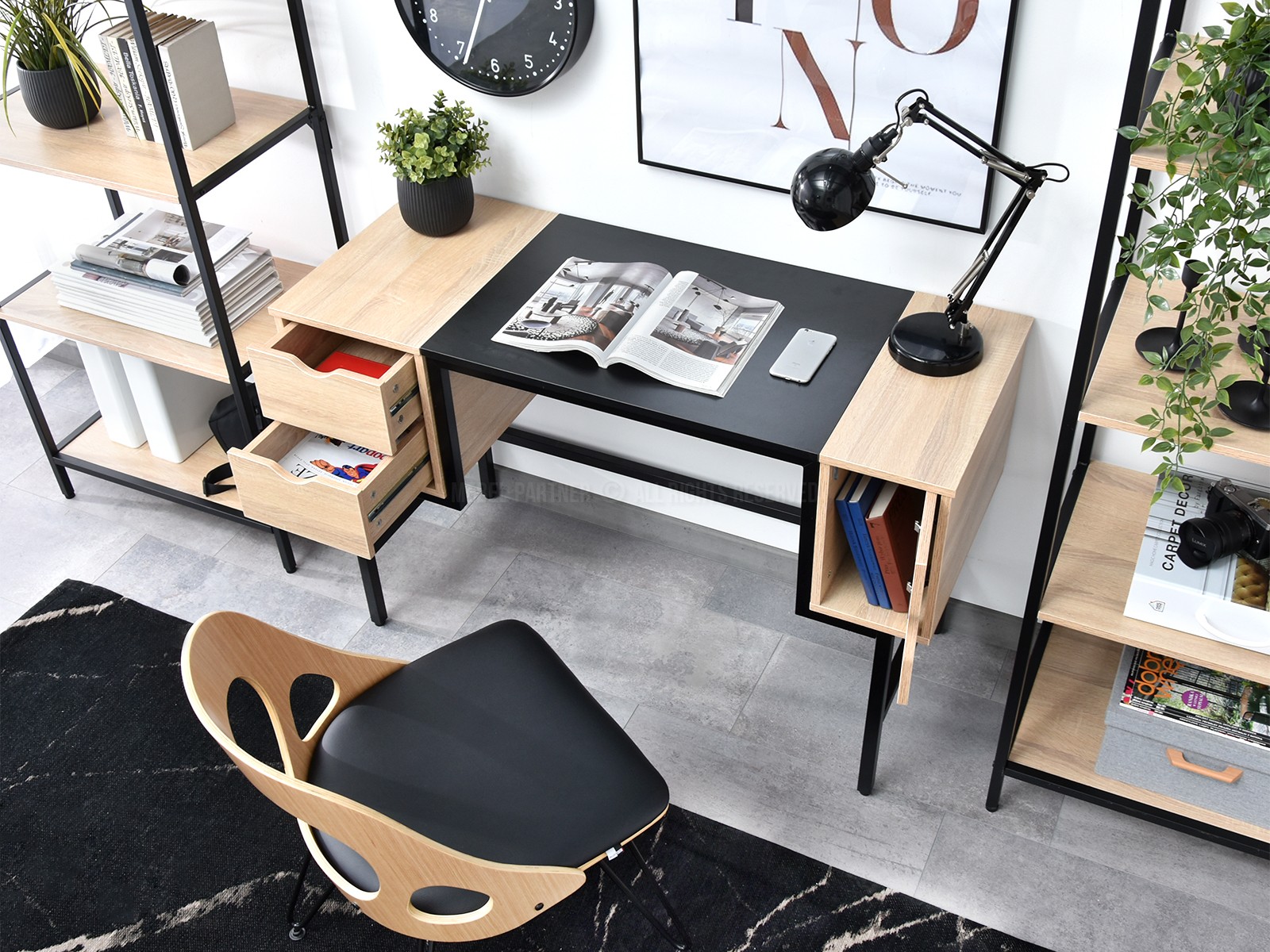 Eleganckie biurko LOFT CZARNE - SONOMA z dużym blatem - nowoczesny design