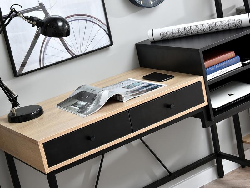 Designerskie biurko IVAR CZARNE+SONOMA z szufaldami i półkam - stabilna podstawa