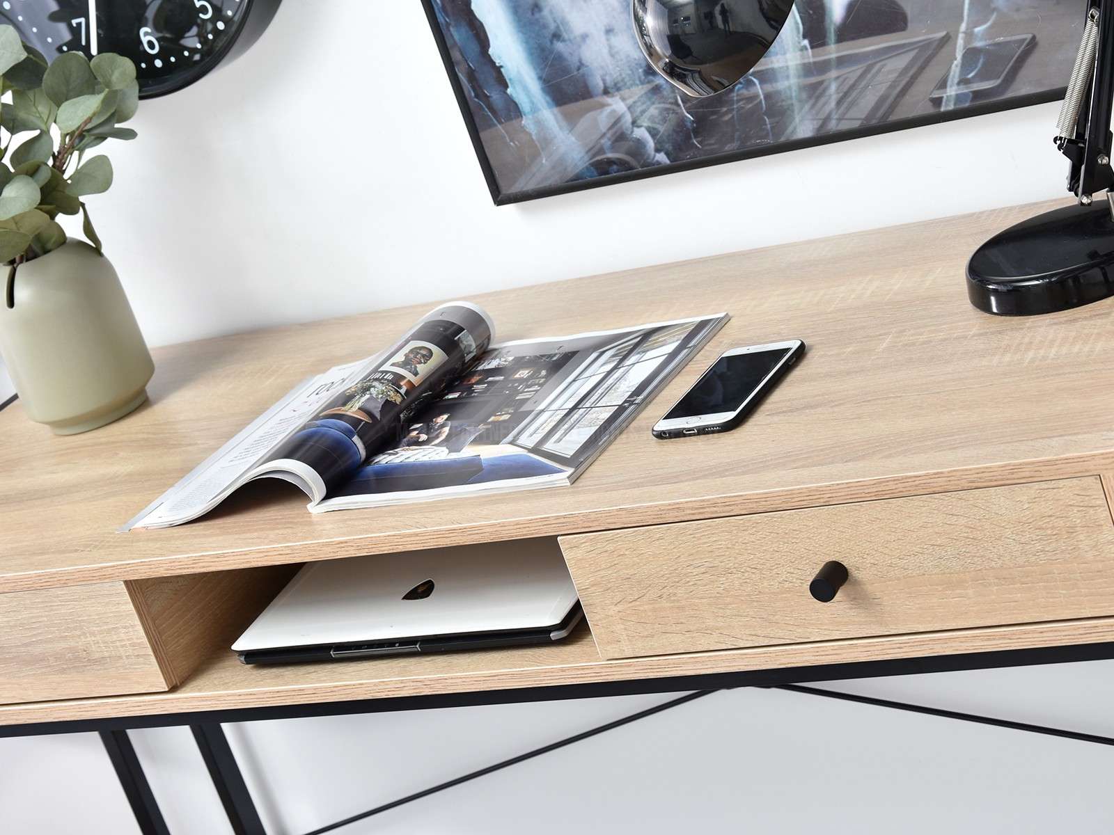 Designerskie duże biurko do pracowni NILS SONOMA + CZARNY - łatwość otwierania szuflad