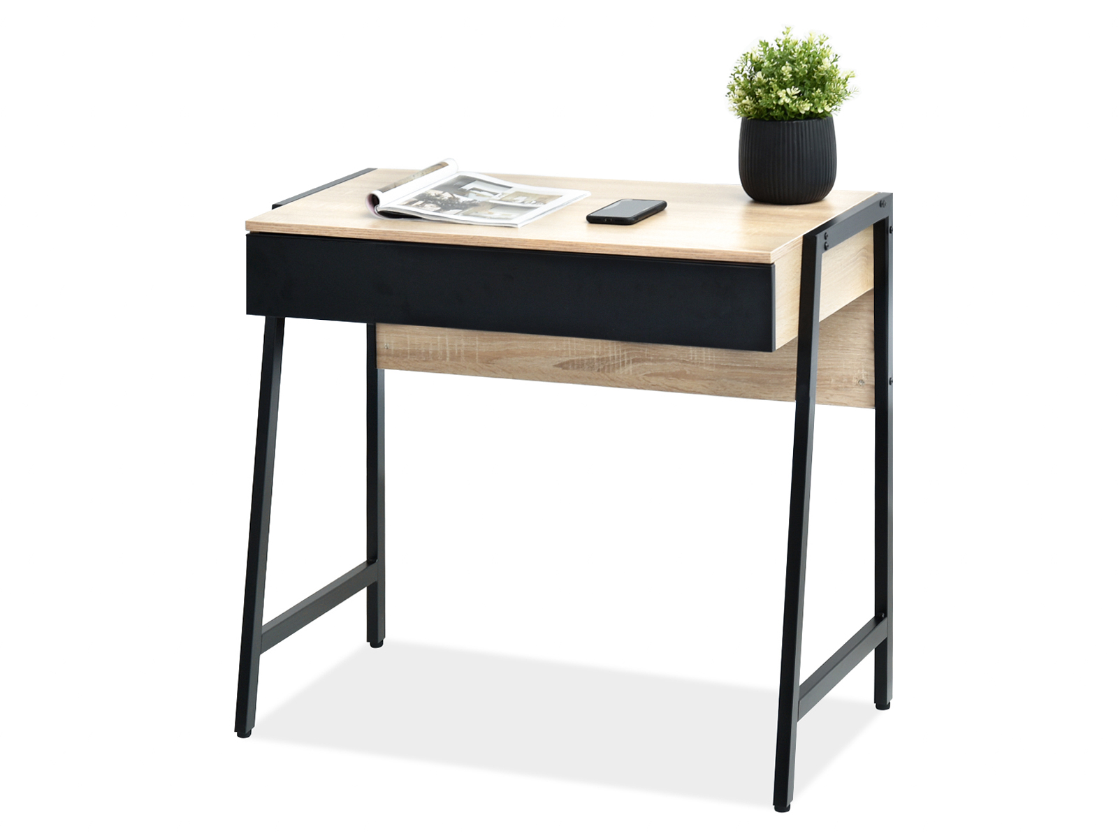 Małe biurko NORS SONOMA-CZARNY pod laptop do pracowni - w aranżacji z krzesłem LAYLA