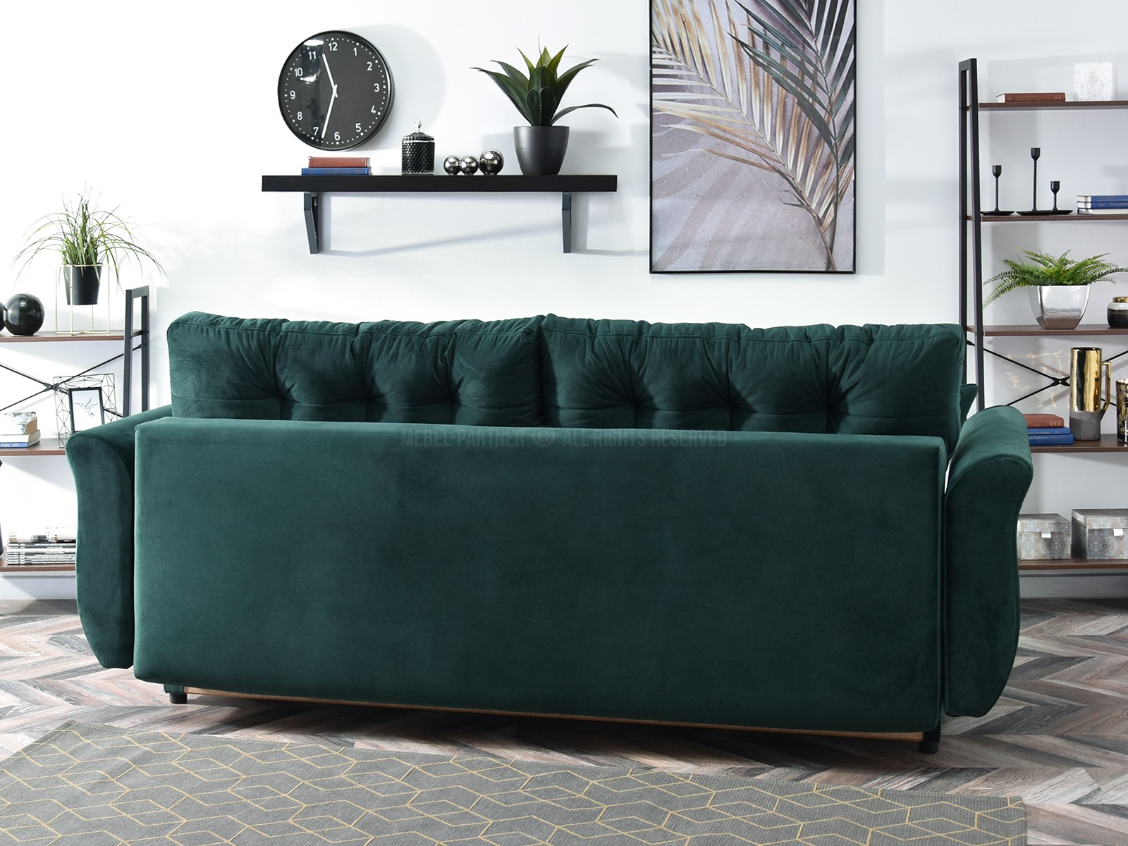 Sofa welurowa glamour LANTI ZIELONA pikowana z poduszkami - funkcja spania