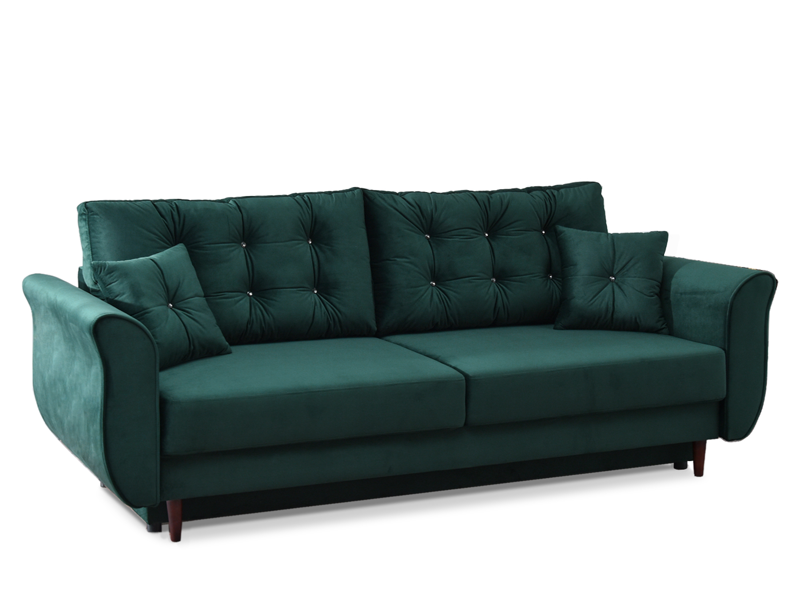 Sofa welurowa glamour LANTI ZIELONA pikowana z poduszkami - wolnostojący tył
