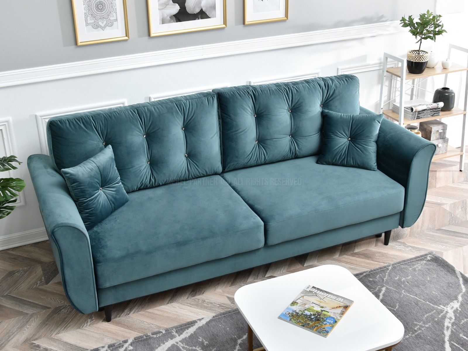 Sofa w stylu glamour LANTI MORSKA z funkcją spania - oryginalna bryła