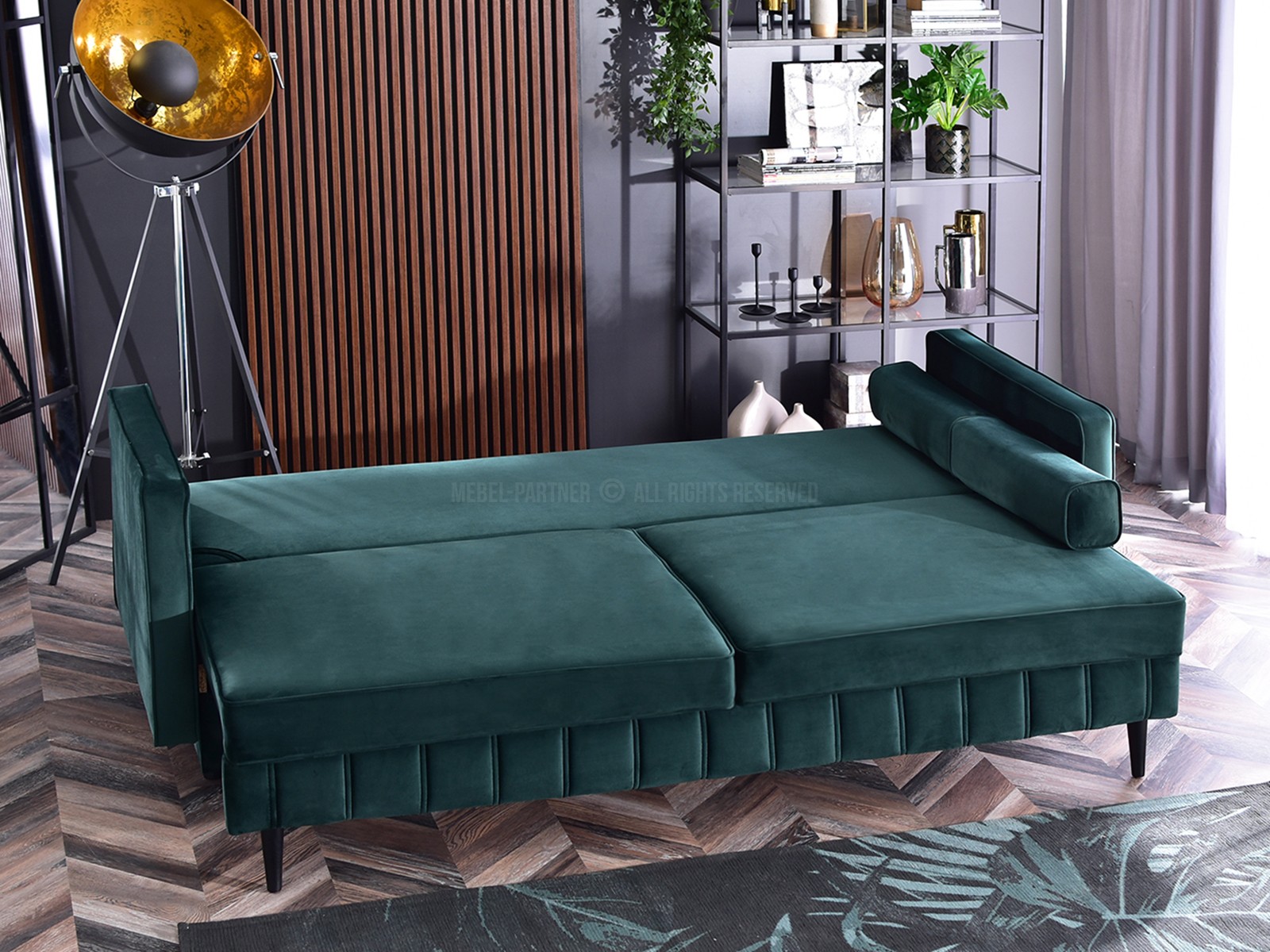 Welurowa sofa wolnostojąca CALVO BUTELKOWA ZIELEŃ z funkcją - charakterystyczne detale