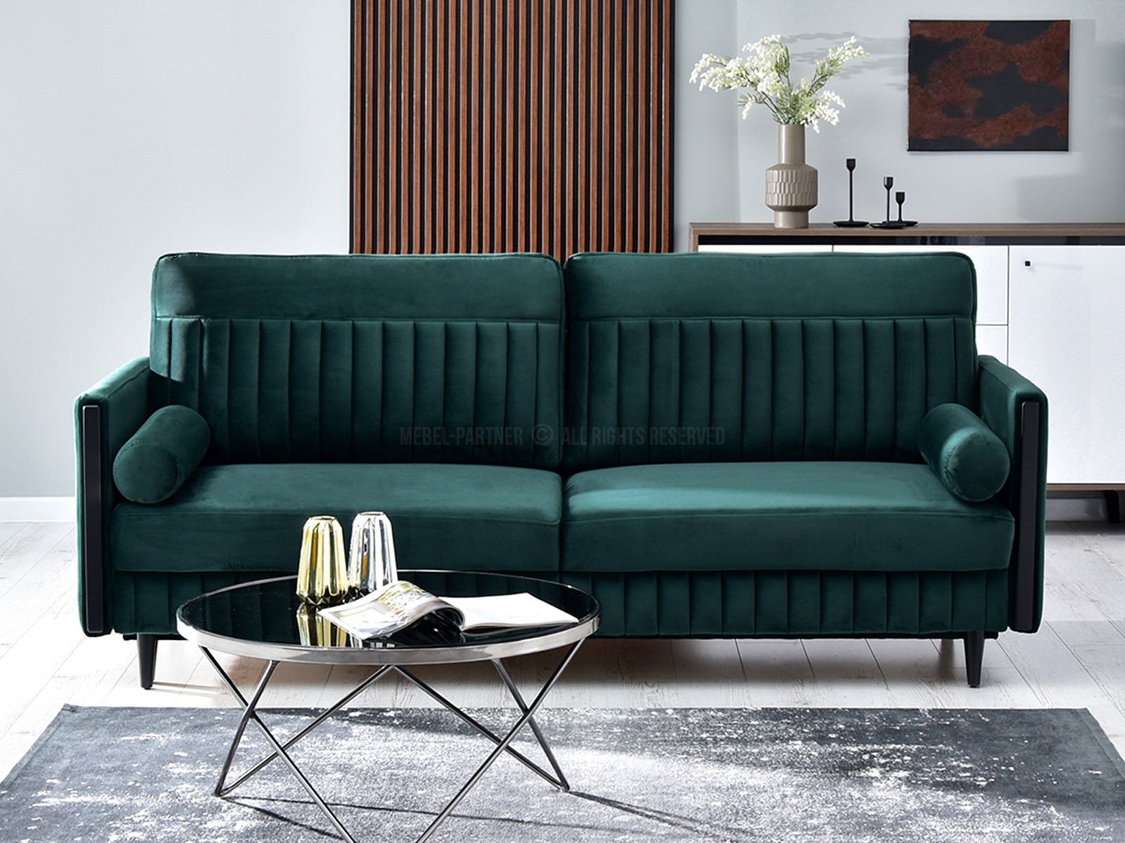 Elegancka sofa MALONE ZIELONA BUTELKOWA z tkaniny welur - charakterystyczne detale