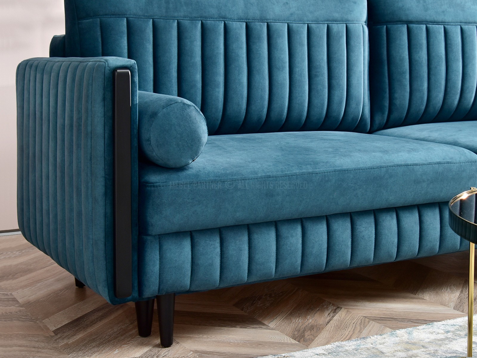 Sofa rozkładana z weluru MALONE TURKUSOWA - charakterystyczne detale