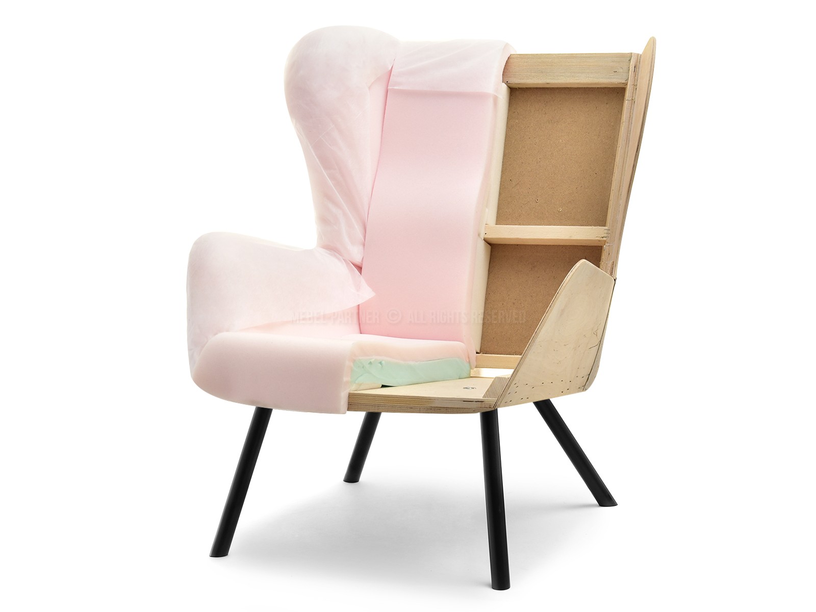 Fotel NOEL z pikowanego weluru PUDROWY - CZARNE NOGI - profil