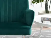 Bujany fotel FLEUR ZIELONY tapicerowany z płozami BUK+BIAŁY