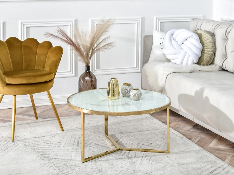 Ława glamour NATAL XL złota z marmurowym blatem