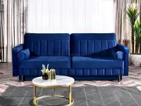 Sofa welurowa z funkcją spania CALVO GRANAT poduszki wałek - wersja z czarnymi nogami