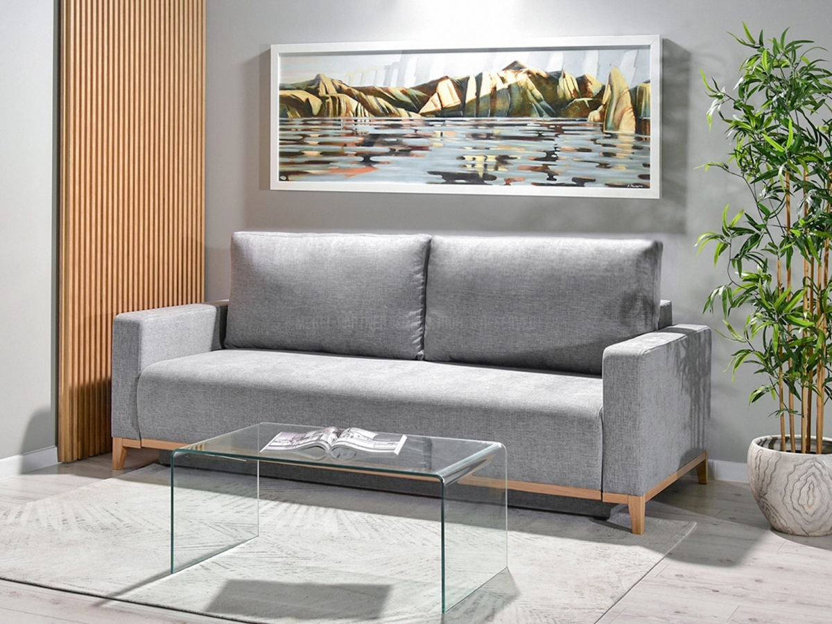 sofa stockholm jasnoszary tkanina, podstawa dąb naturalny