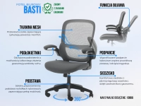 Fotel biurowy z podnoszonymi podłokietnikami BASTI GRAFIT - funkcje fotela obrotowego do biura