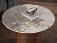 BEŻOWY MARMUROWY stolik na ORZECHOWEJ PODSTAWIE ARISTON 60 - ceramiczny blat o średnicy 60 cm