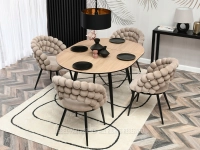 Designerskie krzesło fotelowe LUCY BEŻ - CZARNY  - w aranżacji ze stołem NIVALA oraz konsolą IBEN