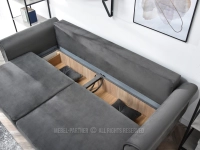Elegancka kanapa z weluru LANTI SZARA z cekinami do salonu - pojemnik na pościel