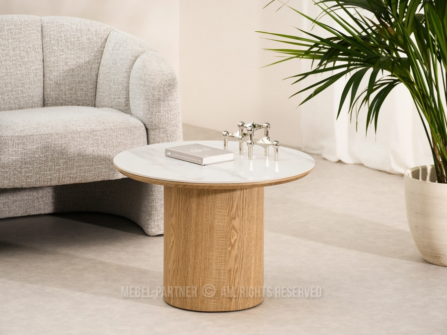 Elegancki okrągły stolik BIAŁY MARMUR ARISTON 60 DĘBOWA NOGA