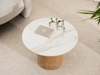 Elegancki okrągły stolik BIAŁY MARMUR ARISTON 60 DĘBOWA NOGA - satynowy ceramiczny blat