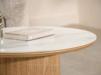 Elegancki okrągły stolik BIAŁY MARMUR ARISTON 60 DĘBOWA NOGA - frezowana ceramiczna płyta