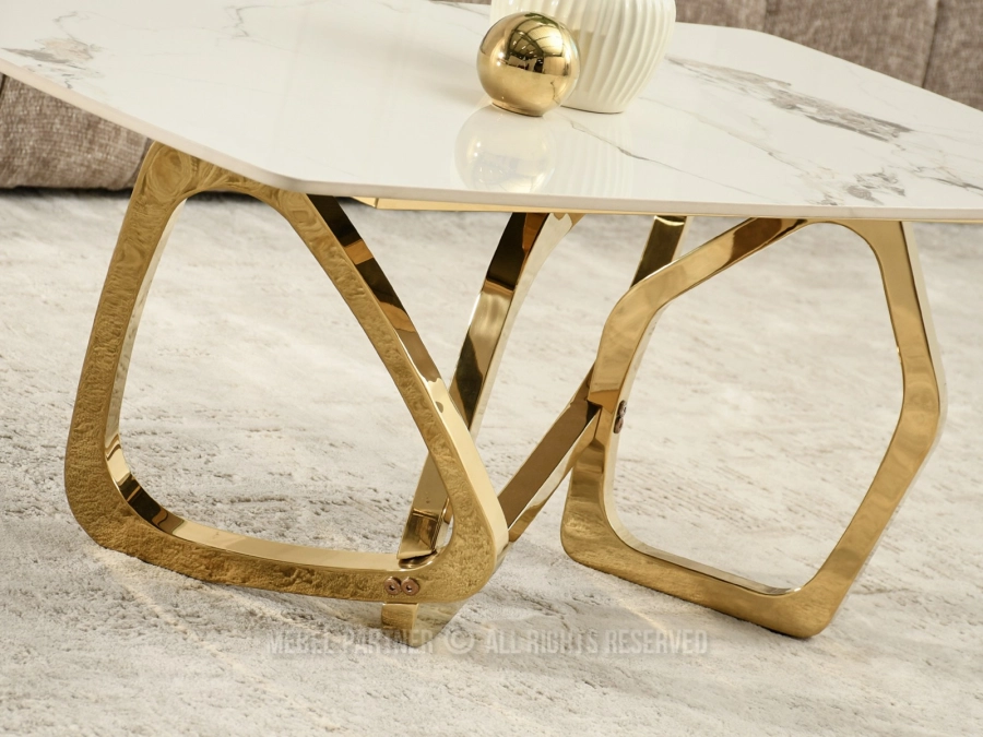 Stolik kawowy glamour RANDY 120 BIAŁY MARMUR - ZŁOTY - ażurowa, geometryczna podstawa