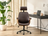 Drewniany fotel biurowy loft FRANK SKÓRA EKO BRĄZ - ORZECH - elegancka skórzana tapicerka i drewniane detale